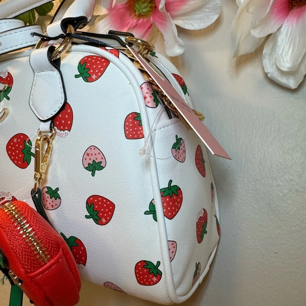 Juicy Couture White Strawberry Print Satchel with Red Strawberry Charm